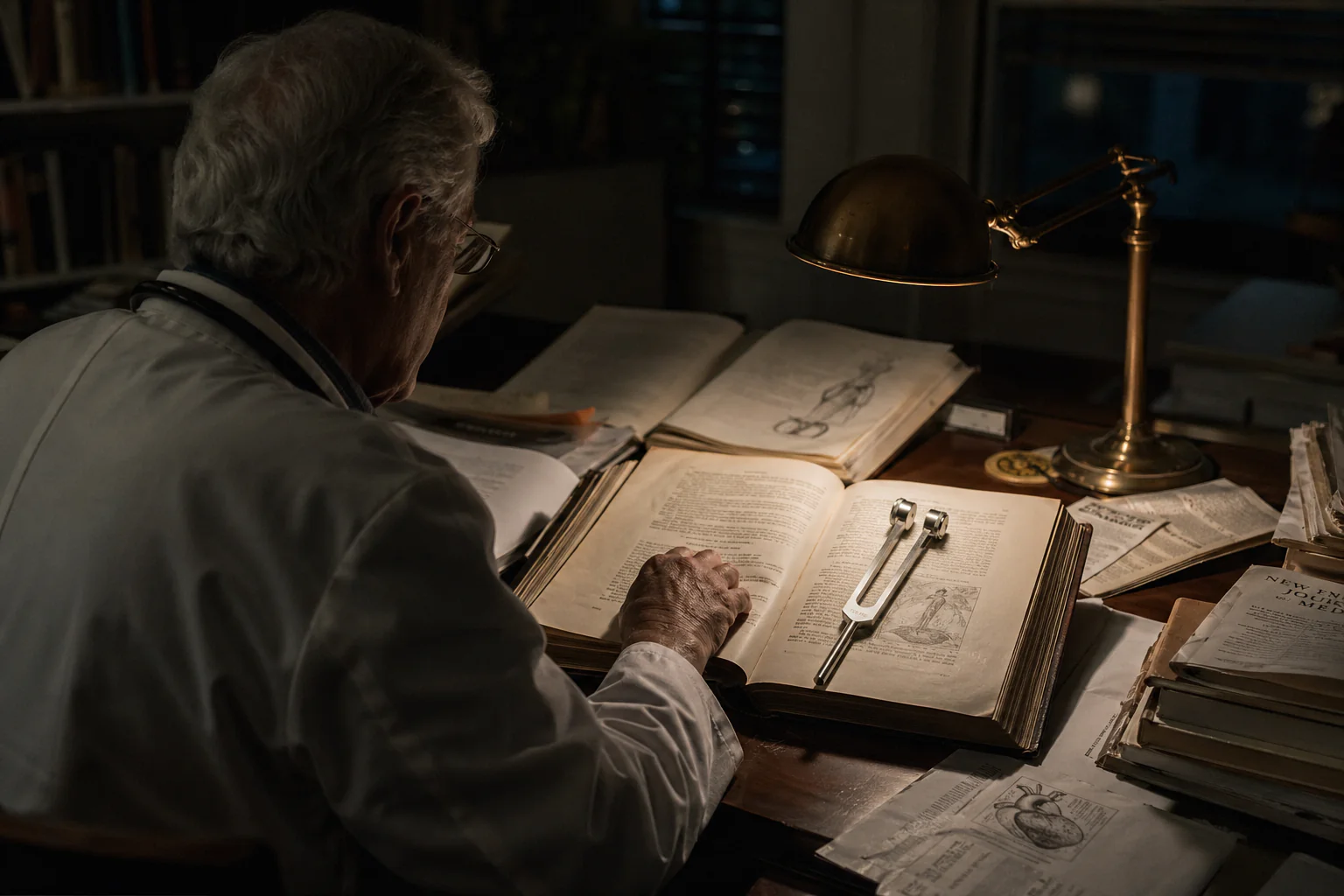 A doctor studying old medical books and a tuning fork by lamplight